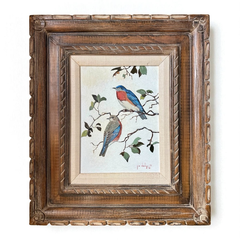 Vintage 1971 Jim Dooley Oil Painting Bluebirds on Branches 9x12 Framed Wall Art